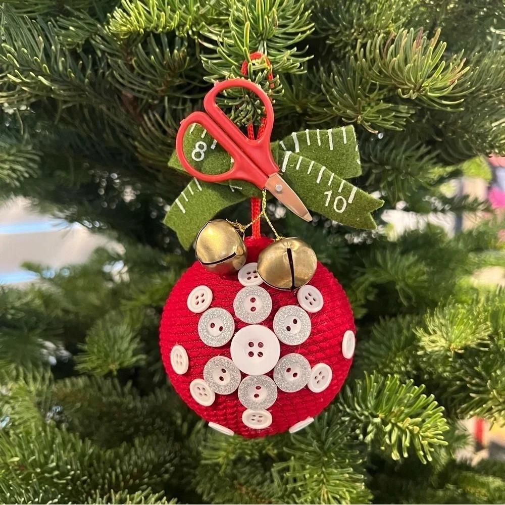 Sewing Button Christmas Holiday Tree Ornament Measuting Tape Glitter 7” x 11”